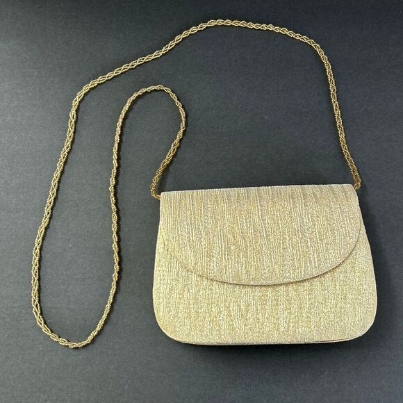 Vtg Gold Metallic Clutch Purse Handbag w/Beaded Shoulder Strap Option - Picture 1 of 12